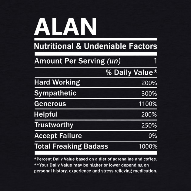 Alan Name T Shirt - Alan Nutritional and Undeniable Name Factors Gift Item Tee by nikitak4um